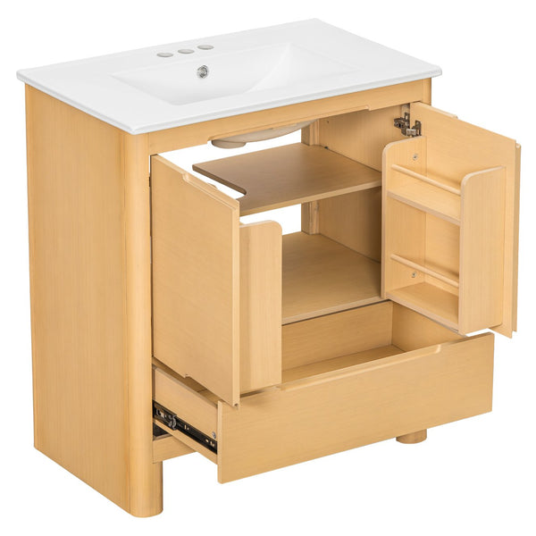 English Elm [video] 30 Inch Freestanding Bathroom Vanity Pine Legs Ceramic Sink Soft Close Storage Oak N759P412928O