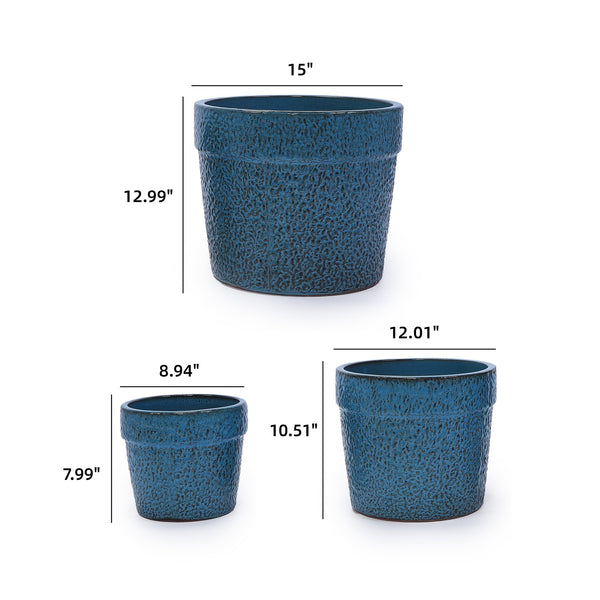 English Elm 3 Pieces Ceramic Flowerpot Set - Handcrafted Antique Blue Planters For Indoor & Outdoor Decor W3273P321470