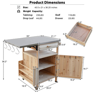 English Elm K&K 40.5" Outdoor Grill Cart with 201 Stainless Top, Solid Fir Storage, Drop Leaf & Lockable Wheels Natural N707P228272Y