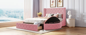 English Elm Upholstered Queen Platform Bed Velvet Wingback Frame with Storage Drawer and Side Stools Pink LP200815AAH