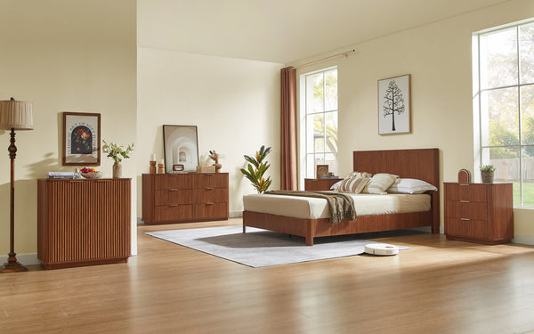 English Elm Queen Walnut Platform Bed Sculptural Corrugated Headboard No Box Spring Required W1820P414053