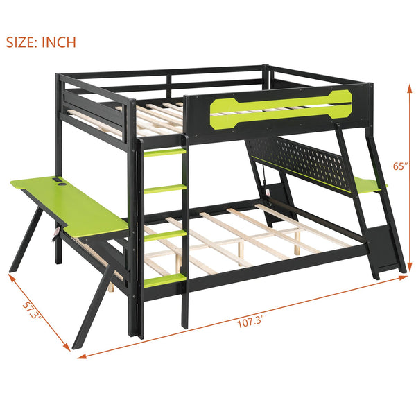 English Elm Full Size Gaming Bunk Bed with Dual Desks Usb Charging Ports and Pegboard Storage Green LT000274AAG