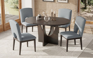 English Elm Topmax Extendable Round Dining Set with Linen Chairs and Pedestal Base Seats Five Espresso N717S000062P