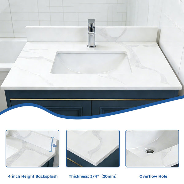 English Elm 31-inch Carrara Quartz Vanity Top Undermount Sink Backsplash Marble Look Bathroom W2699P459403