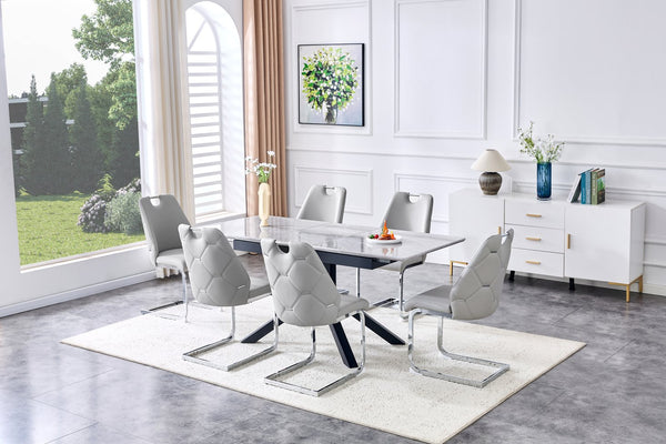 English Elm Modern Extendable Rectangular Dining Table with Scratch‑Resistant MDF Top and Matte Geometric Legs, Space‑Saving Centerpiece for Home or Office W3493S00008