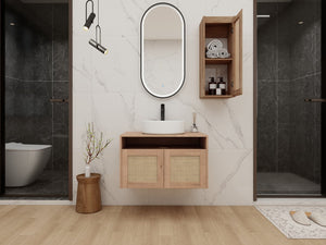 English Elm 30" Wall Mounted Bathroom Vanity Oak Finish Ceramic Art Sink Soft Close Storage W999S00495