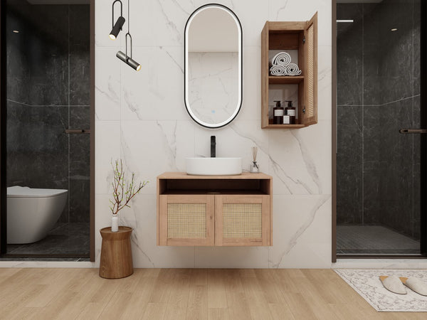 English Elm 30" Wall Mounted Bathroom Vanity Oak Finish Ceramic Art Sink Soft Close Storage W999S00495