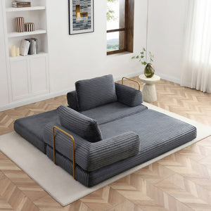 English Elm Convertible Floor Sofa Futon with Corduroy Upholstery for Living Room Lounging and Sleeping Grey W1117P434691