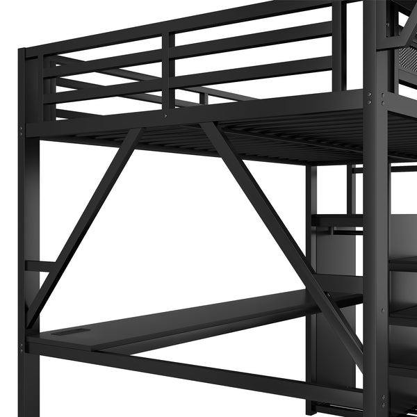 English Elm Queen Metal Loft Bed with Desk Charging Station Rgb Lighting and Storage Stairs W2580S00091