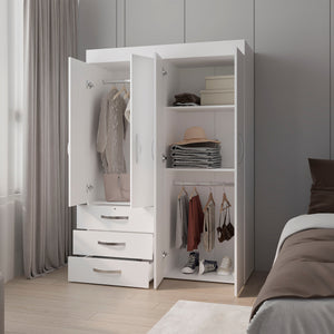 English Elm White 4-Door Wardrobe with Drawers and Shelf — Spacious Concealed Storage, 3 Drawers, 2 Shelves, Timeless White Finish B062S00627