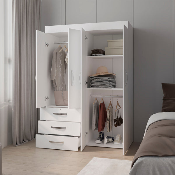 English Elm White 4-Door Wardrobe with Drawers and Shelf — Spacious Concealed Storage, 3 Drawers, 2 Shelves, Timeless White Finish B062S00627