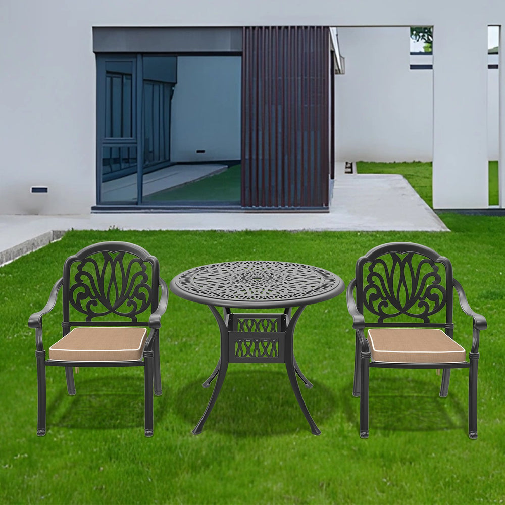 English Elm 3-Piece Elegant Cast Aluminum Patio Set With Comfortable Brown Cushions For Stylish Outdoor Dining W1710S00049