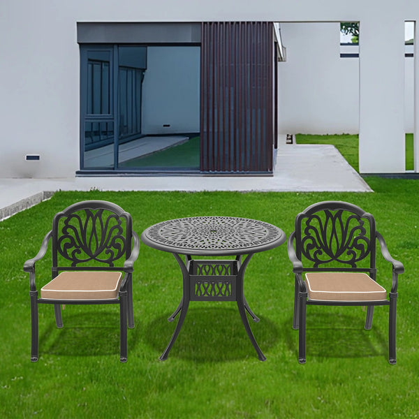 English Elm 3-Piece Elegant Cast Aluminum Patio Set With Comfortable Brown Cushions For Stylish Outdoor Dining W1710S00049