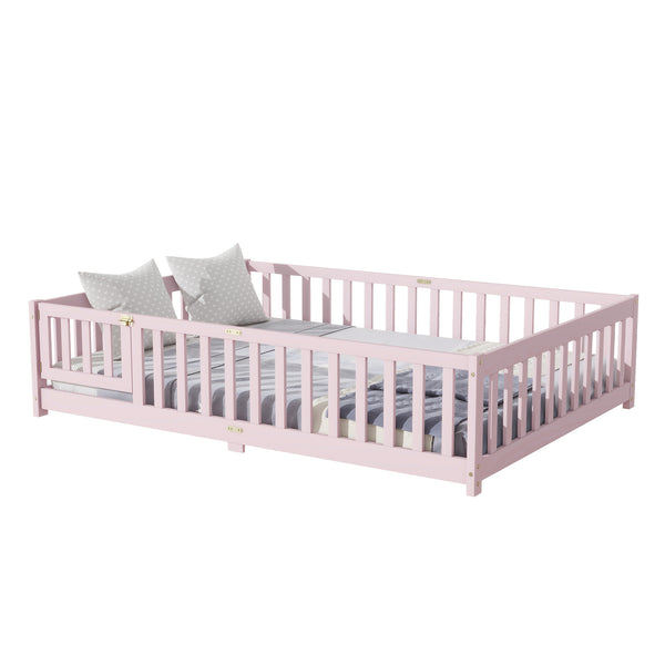 English Elm Full Size Rubberwood Floor Bed with Safety Guardrails and Latching Door for Toddlers Pink W504P429304