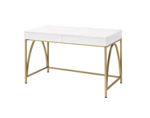 English Elm Lightmane White High Gloss Vanity Desk with Gold Metal Legs, 2 Drawers, Modern Luxury Design B2726P315731