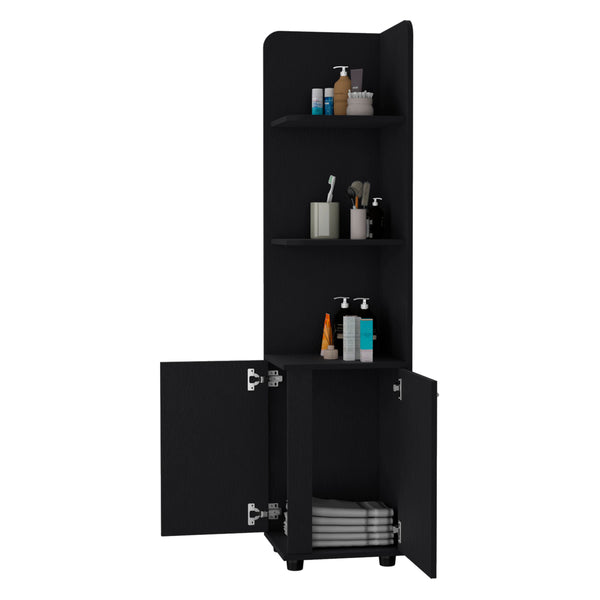 English Elm Wenge Two-Door Corner Cabinet with Three Open Shelves, Wenge Finish, Melamine, Metal Handles (96) B062P205243