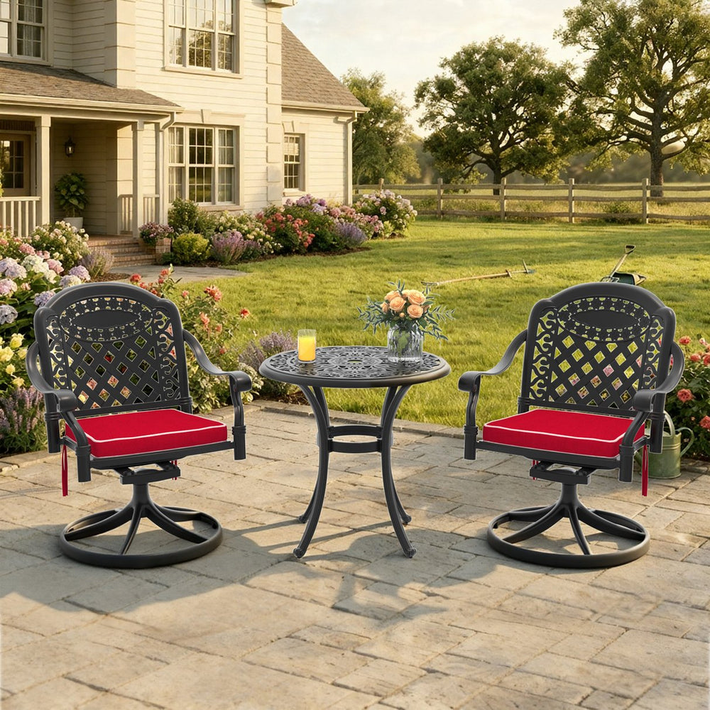 English Elm 3-piece Ornate Cast Aluminum Outdoor Bistro Set with Swivel Chairs and Round Patio Table W1710S00679