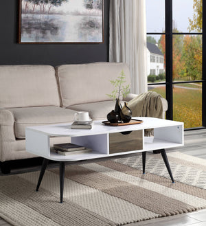 English Elm Halima Modern White & Black Coffee Table with Drawer, 2 Open Shelves, Metal Legs, Durable Finish B2726P287756