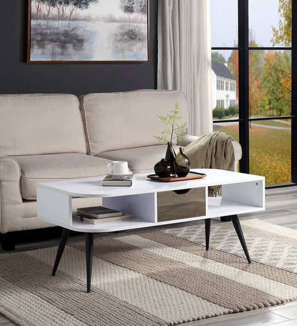 English Elm Halima Modern White & Black Coffee Table with Drawer, 2 Open Shelves, Metal Legs, Durable Finish B2726P287756