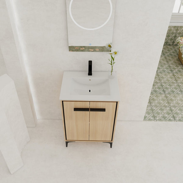 English Elm 24 Inch Oak Bathroom Vanity Base with Basin — Engineered Wood, Double-Door Storage, Minimalist Chic W1972S00003