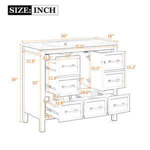 English Elm 36'' Bathroom Vanity with Resin Sink, Solid Wood Frame, 5 Drawers, Soft-Close Doors, Gold Knobs, Spacious Storage White SW000142AAK-1