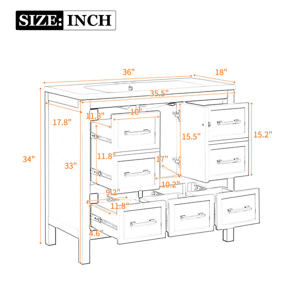 English Elm 36'' Bathroom Vanity with Resin Sink, Solid Wood Frame, 5 Drawers, Soft-Close Doors, Gold Knobs, Spacious Storage White SW000142AAK-1