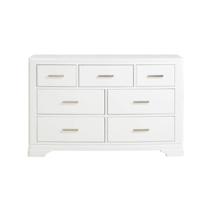 English Elm Modern Birch Veneer Dresser with Curved Mirror Seven Drawers Chrome Pulls Bedroom White B011S02345