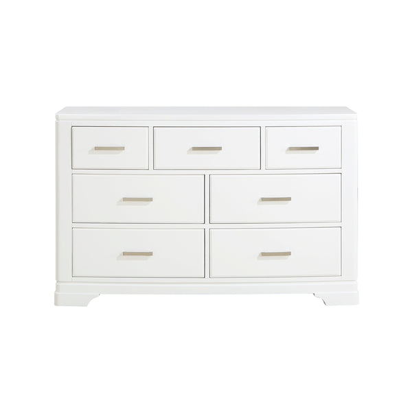 English Elm Modern Birch Veneer Dresser with Curved Mirror Seven Drawers Chrome Pulls Bedroom White B011S02345