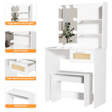 English Elm Vanity Desk Set Stool & Dressing Table With Led Lighting Mirror Drawer and Compartments Modern Wood Cosmetic Table Chest Of Drawers White Color