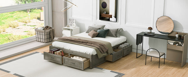 English Elm Queen Platform Bed with Six Storage Drawers Low Profile Frame for Modern Bedrooms Antique Gray N708P263022E
