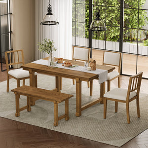 English Elm Trexm Farmhouse Dining Set Seats Six Oak Veneer Table Mixed Chairs Bench Included Beige,Walnut ST000156AAD