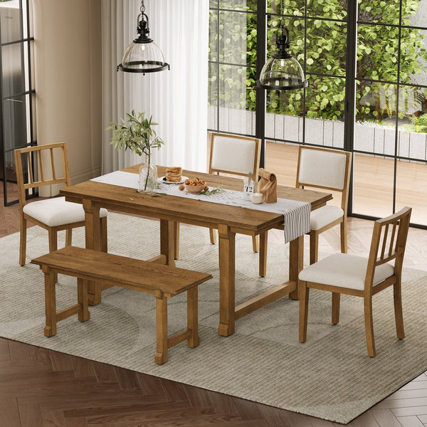 English Elm Trexm Farmhouse Dining Set Seats Six Oak Veneer Table Mixed Chairs Bench Included Beige,Walnut ST000156AAD
