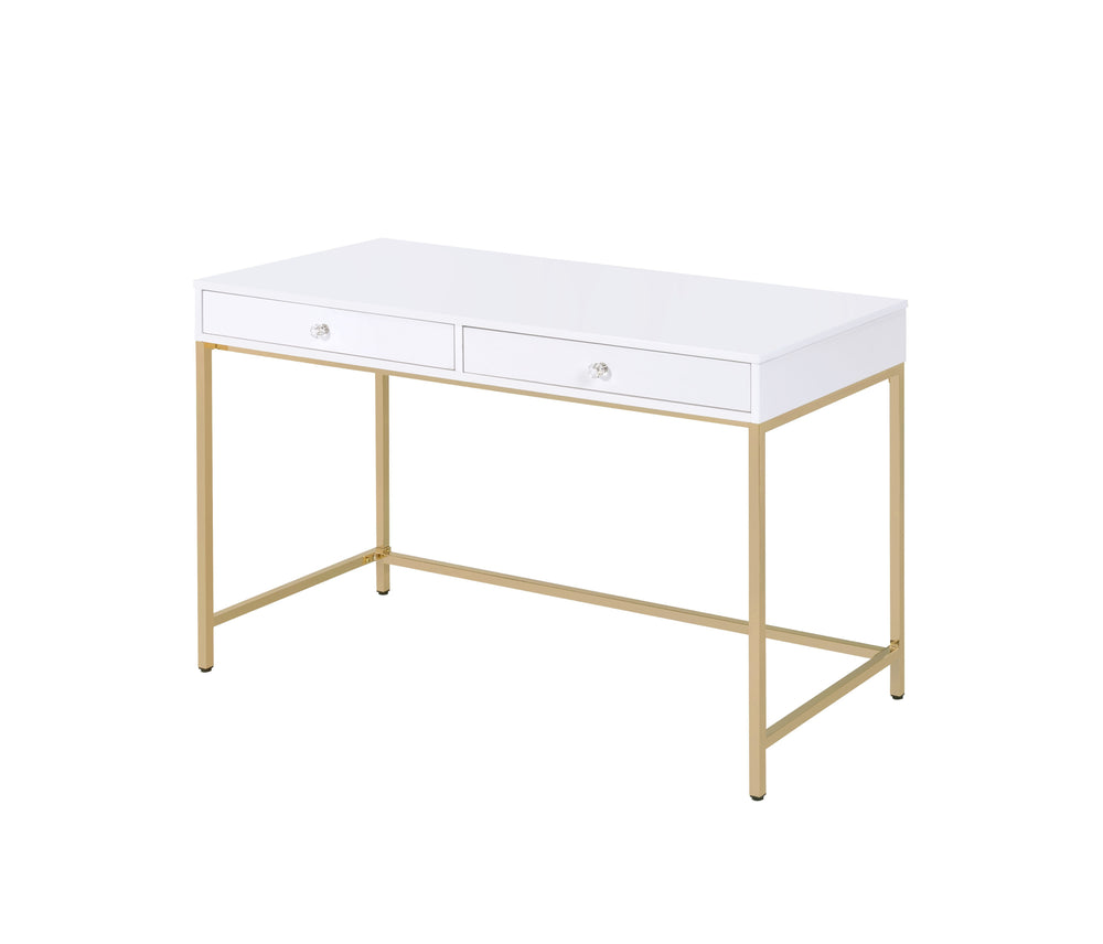 English Elm White High Gloss Gold Vanity Desk with 2 Drawers, Modern High-Gloss MDF Surface and Metal Base for Stylish Workspace (47.5" W) B062P184570