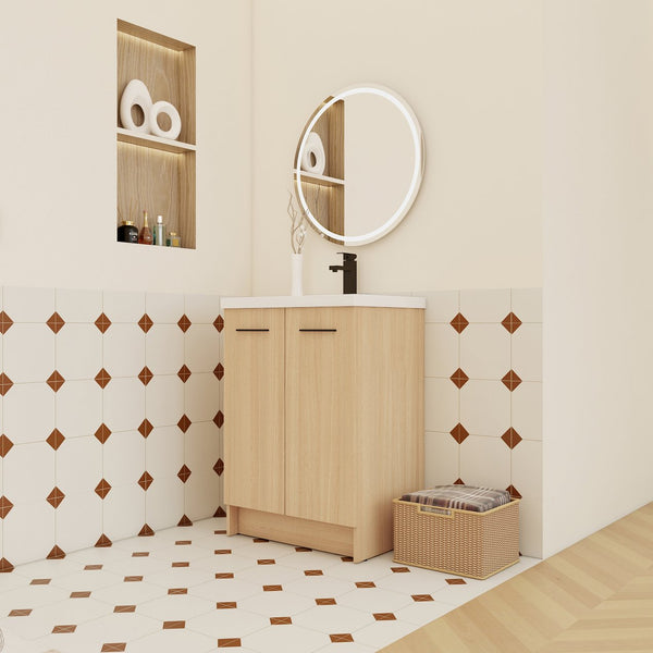 English Elm 24" Floating Oak Plywood Bathroom Vanity Set with Glossy Resin Sink Scandinavian Style W3450S00090