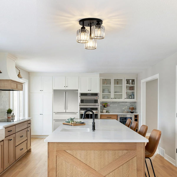 English Elm Crystal 3-Light Semi Flush Mount Ceiling Light Fixture - Modern Black Design For Kitchens & Hallways W2738P185421