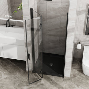 English Elm Goodyo Bifold Frameless Tempered Glass Shower Door Pivot Swing Panel Adjustable Width Black D163147914