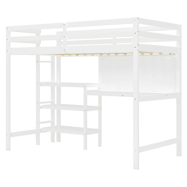 English Elm Twin Loft Bed with Built-in Desk Shelving and Dry-erase Board for Kids Rooms White LT100320AAK