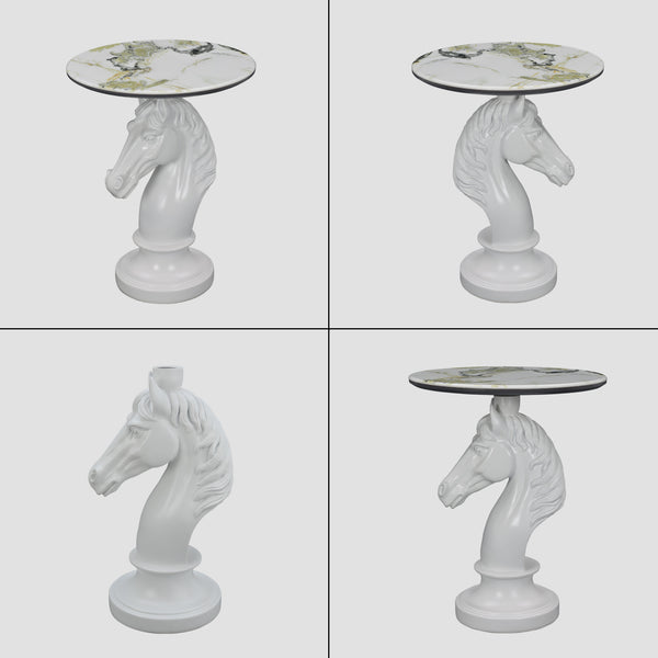 English Elm Horse Head Sculpted Resin End Table with Faux Marble Top for Bold Living Rooms White W5398P454678