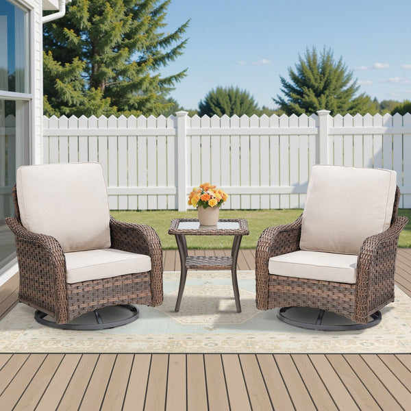 English Elm 3 Piece Outdoor Bistro Set Swivel Rocker Chairs Pe Rattan Wicker Patio Side Table Beige T3773P417374