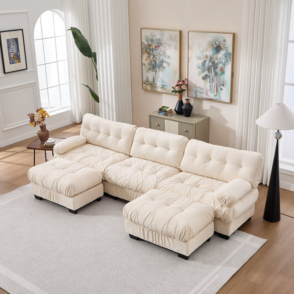 English Elm U Shaped Modular Cloud Sectional Deep Seat Flannelette Sofa with Rounded Bolster Armrests Beige W2120S00041