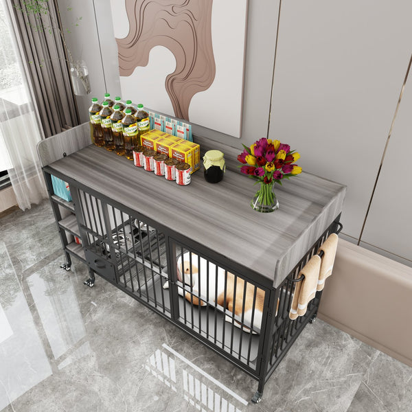 English Elm Large Iron Mdf Pet Enclosure with Storage Cabinet Rolling Casters and Steel Feeding Basins W3064P245385