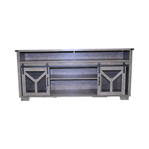 English Elm 65.3" TV Stand with LED Ambience, Sliding Iron Mesh Barn Doors, Y-Accent Rustic Farmhouse Storage Antique Gray W1412P271801