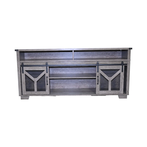 English Elm 65.3" TV Stand with LED Ambience, Sliding Iron Mesh Barn Doors, Y-Accent Rustic Farmhouse Storage Antique Gray W1412P271801