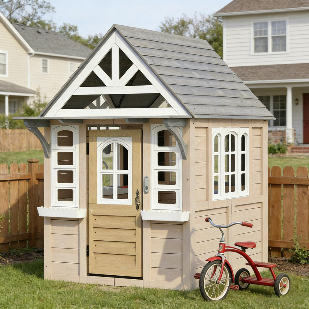 English Elm Backyard Fir Wood Kids Playhouse with Plant Boxes Retro Windows and Rain Resistant Roof T3971P491775