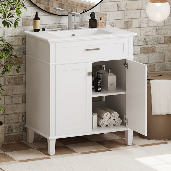 English Elm 30-inch bathroom vanity with ceramic basin, solid wood frame, soft-close doors and adjustable shelves for organized style and lasting durability White N729P173380K