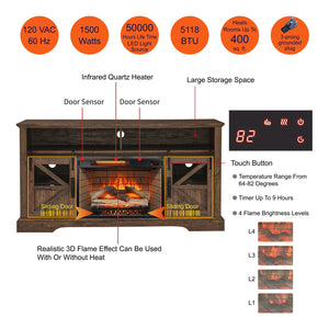 English Elm 60 Inch Farmhouse Electric Fireplace Tv Stand with Led Flame and Cabinet Storage Reclaimed Barnwood W1769S00005