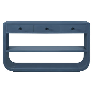 English Elm [video] Sculptural Console Table Pine Wood Curved Legs Soft-close Drawers Open Shelving Entryway Blue N759P433560C