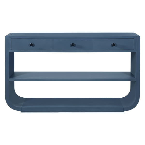 English Elm [video] Sculptural Console Table Pine Wood Curved Legs Soft-close Drawers Open Shelving Entryway Blue N759P433560C