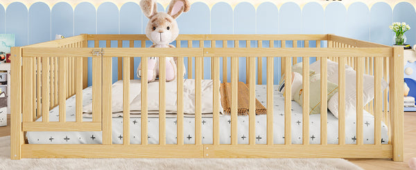 English Elm Queen Kids Floor Bed Pine Wood Frame with Safety Rails Door and Low Profile Design Natural W1580P417673