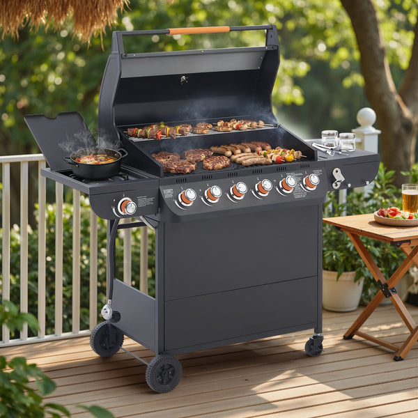 English Elm 6 Burner Propane Grill with Cast Iron Grates Side 72000 Btu Outdoor Patio W1820P341740